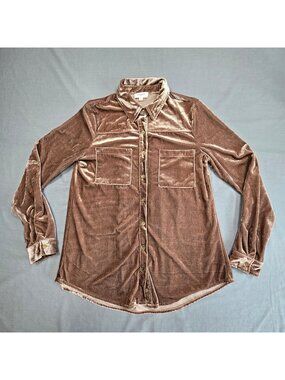 Umgee Small Womens Button Down Velvet Velour Shirt Brown Taupe Long Sleeve